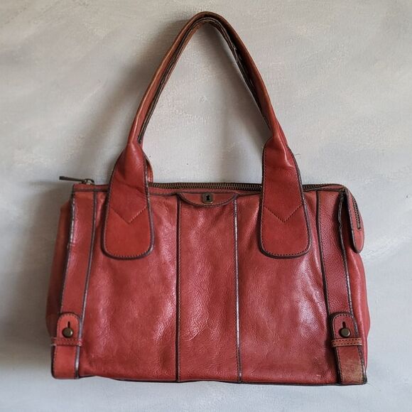 Fossil Leather Keyhole Tote Shoulder Bag in Red 17x10x4 Distressed Discoloration - Picture 4 of 17